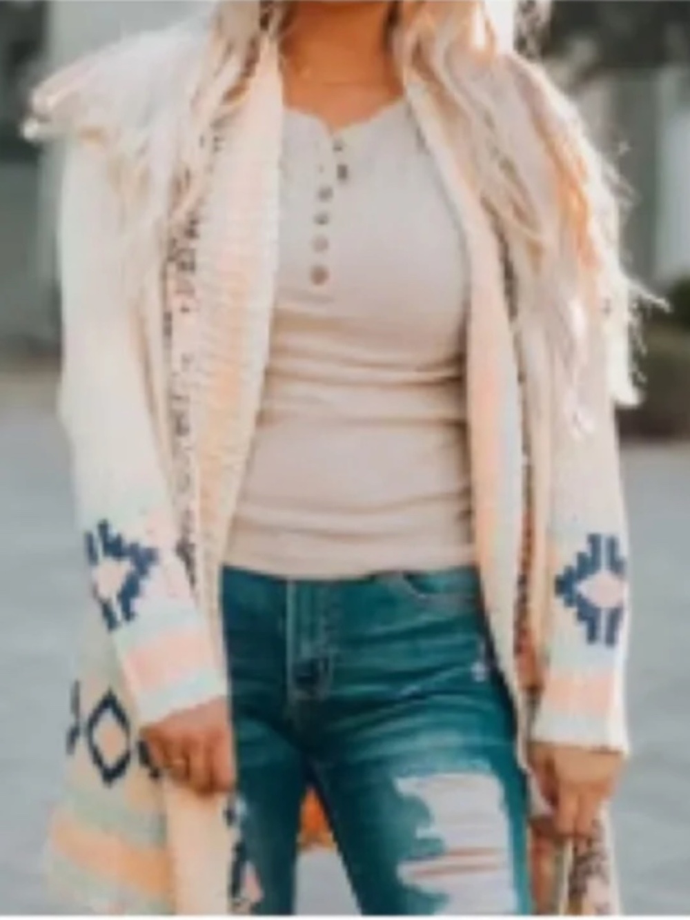 3/$15 | Temu | Stylish Cream Cardigan with Light Blue & Pink Accents
